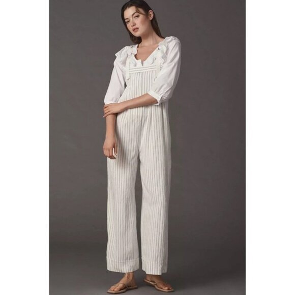NWT Anthropologie Maeve Waders Wide-Leg Jumpsuit Size 8 Striped White - Picture 1 of 12